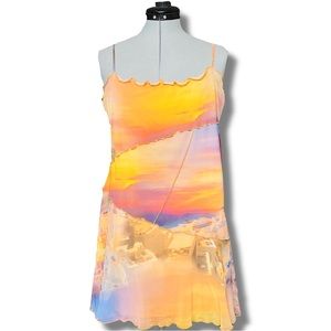 NWT Urban Outfitters Sunset Skyline Mesh Lettuce Hem Mini Dress
